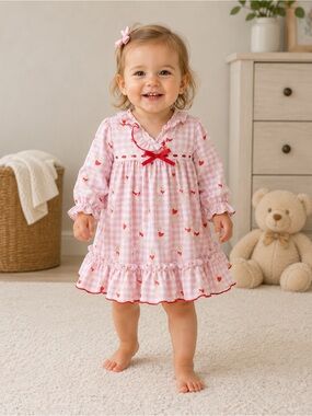 Little Blue Birds smocks Pink Gingham Puppy Heart dress with Red Trim